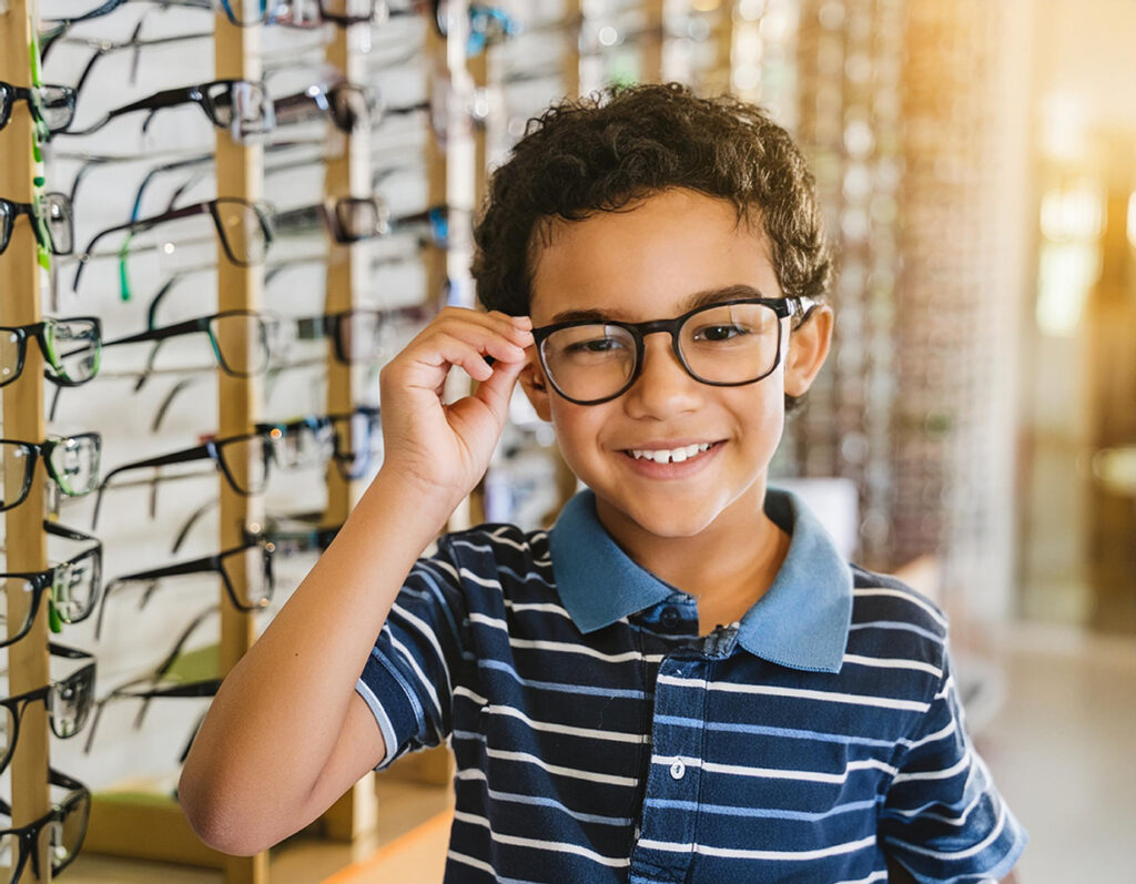 Boy picking out glasses at Special Eyes Otical in North Texas.